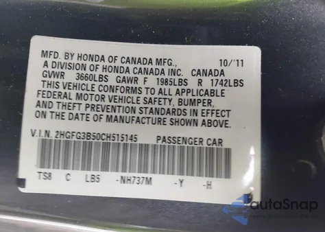 2012 Honda Civic Lx z USA, uszkodzony, nr VIN 2HGFG3B50CH515145